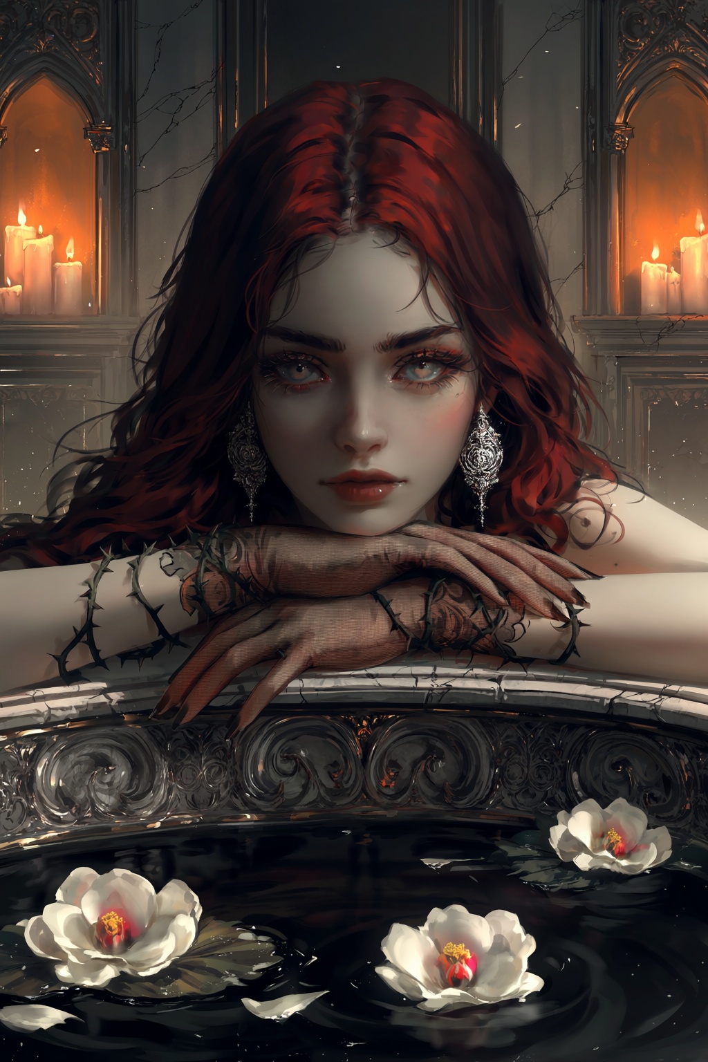 A moody painterly illustration features a woman with deep red hair,  ash-gray skin,  and bright opal eyes framed by ornate...