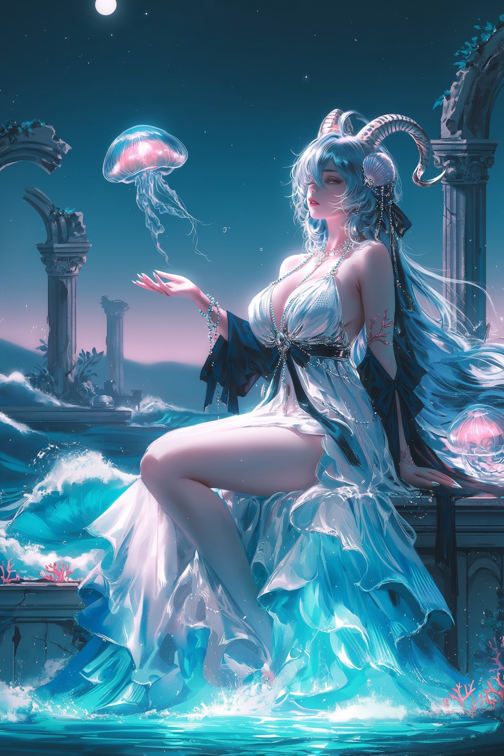 A luminous anime-style image depicts a woman with long silver-blue hair and shell-like horns seated on a stone ledge above...