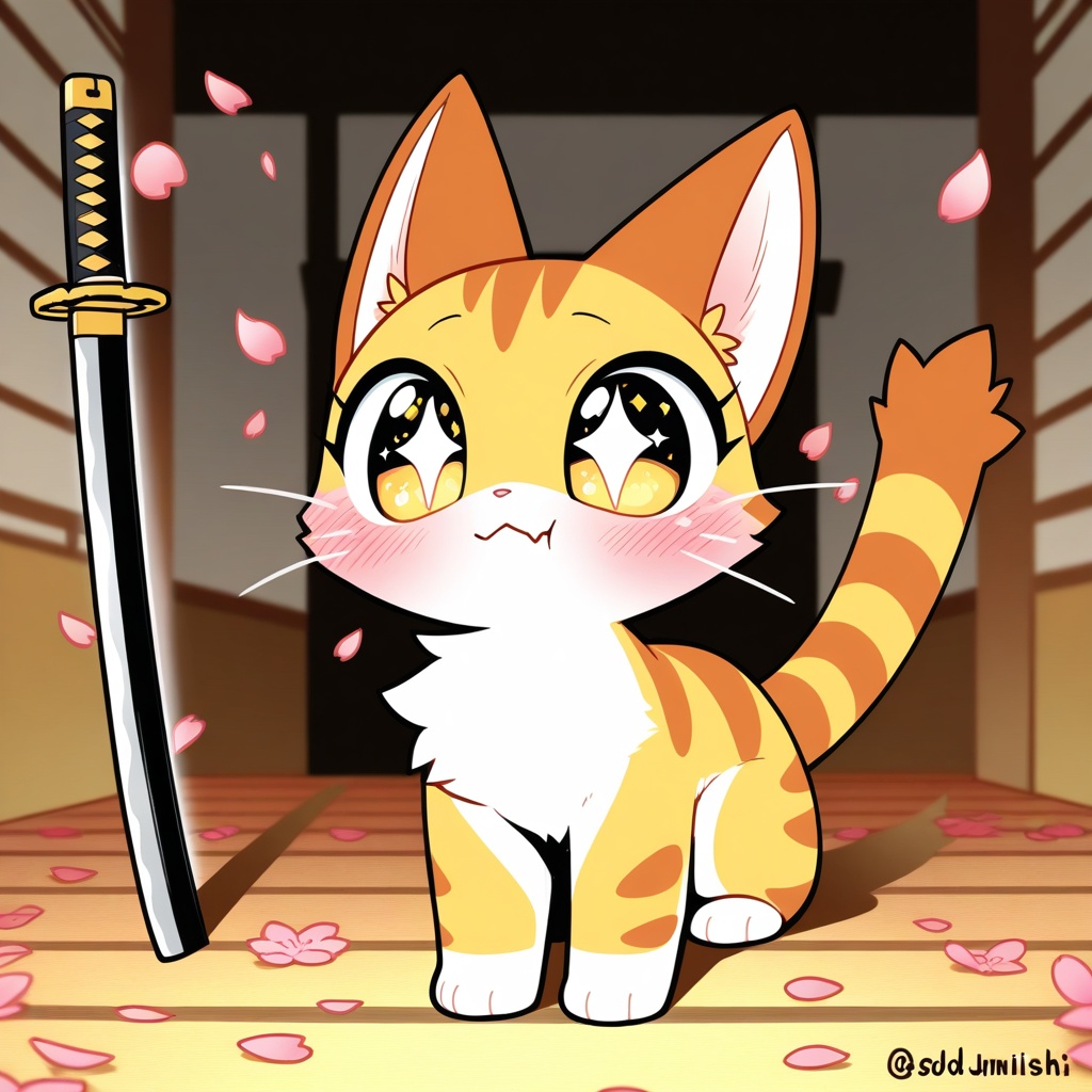 Chibi,  cartoonish,  samurai anthro furry cat girl with a playful “nya!” face—wide sparkling eyes on Tensor.Art
