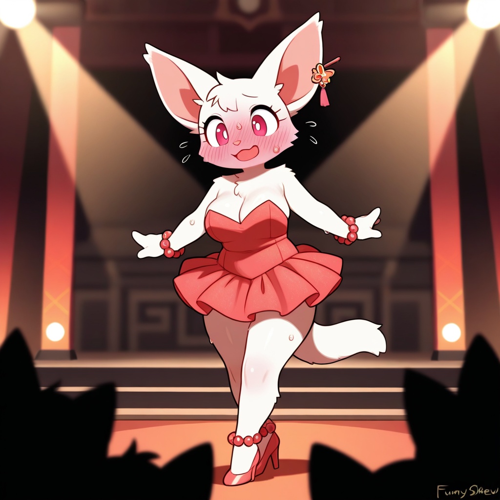 Anthro female dancing seductress—flustered,  blushing,  eyes wide with nervous excitement—on her first day on stage. Funny...