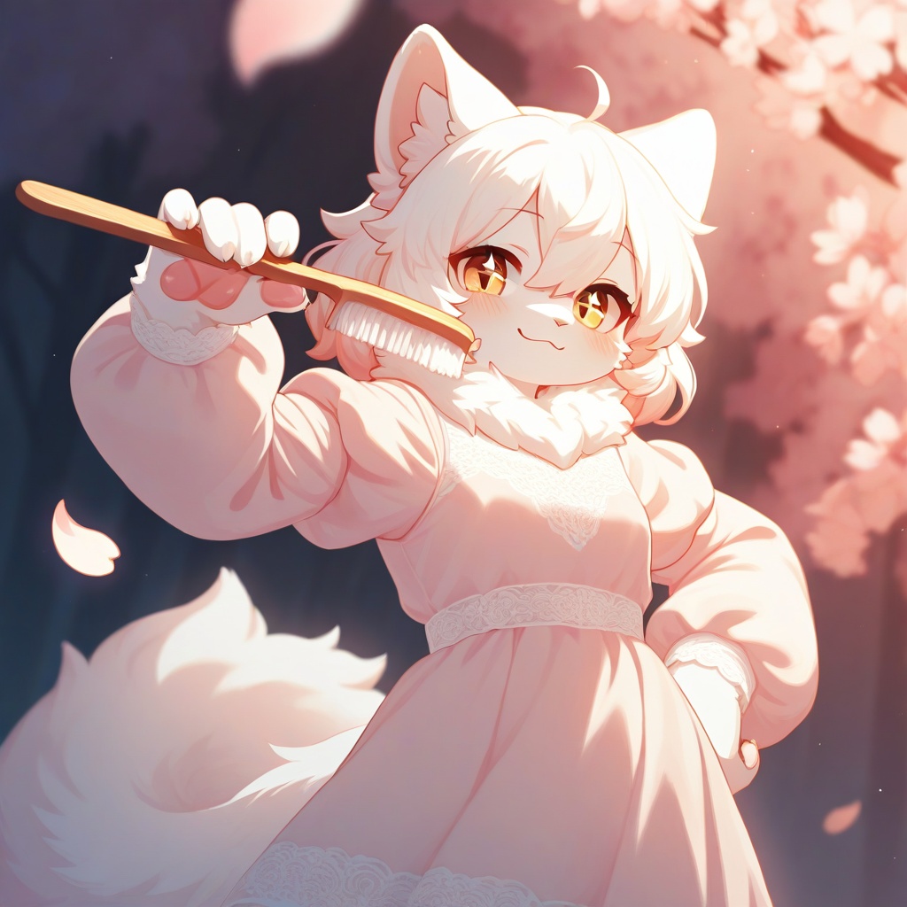 A close-up portrait of a fluffy catgirl with soft,  voluminous white fur and delicate pink-tipped cat ears,  standing in a...