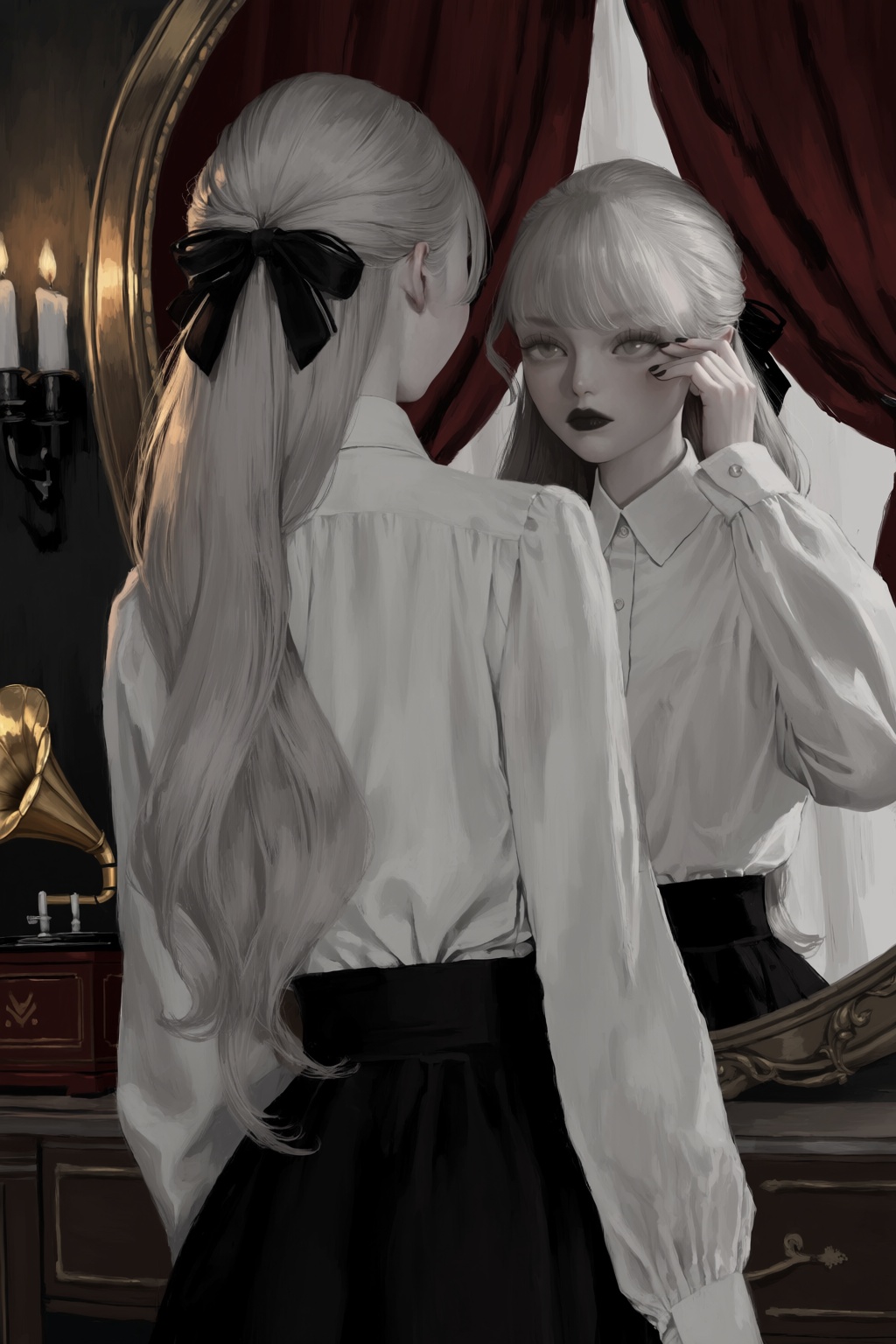 In this digital illustration,  a woman with long,  pale hair tied with a black bow stands with her back to the viewer on T...
