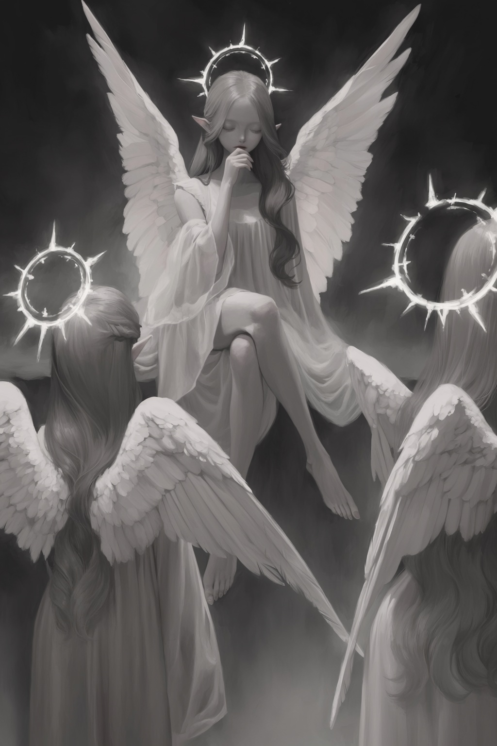A monochromatic,  ethereal digital painting depicts five winged,  elven-like figures with glowing halos on Tensor.Art