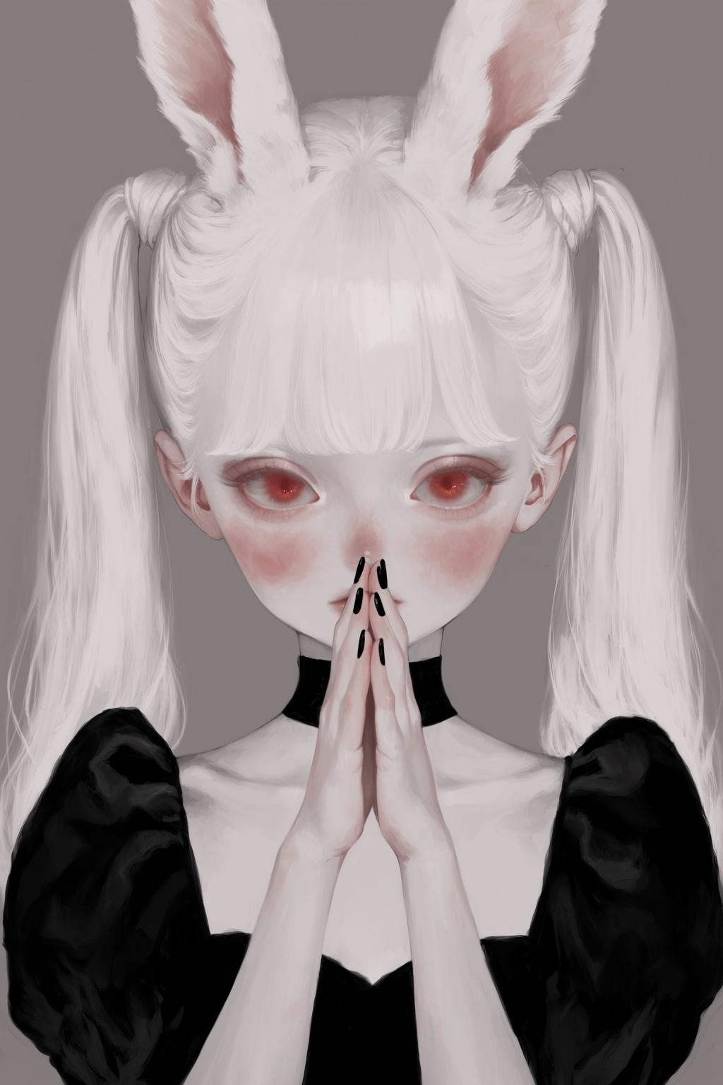 A stylized digital painting depicts a pale-skinned girl with white hair styled in two long,  high pigtails and prominent r...