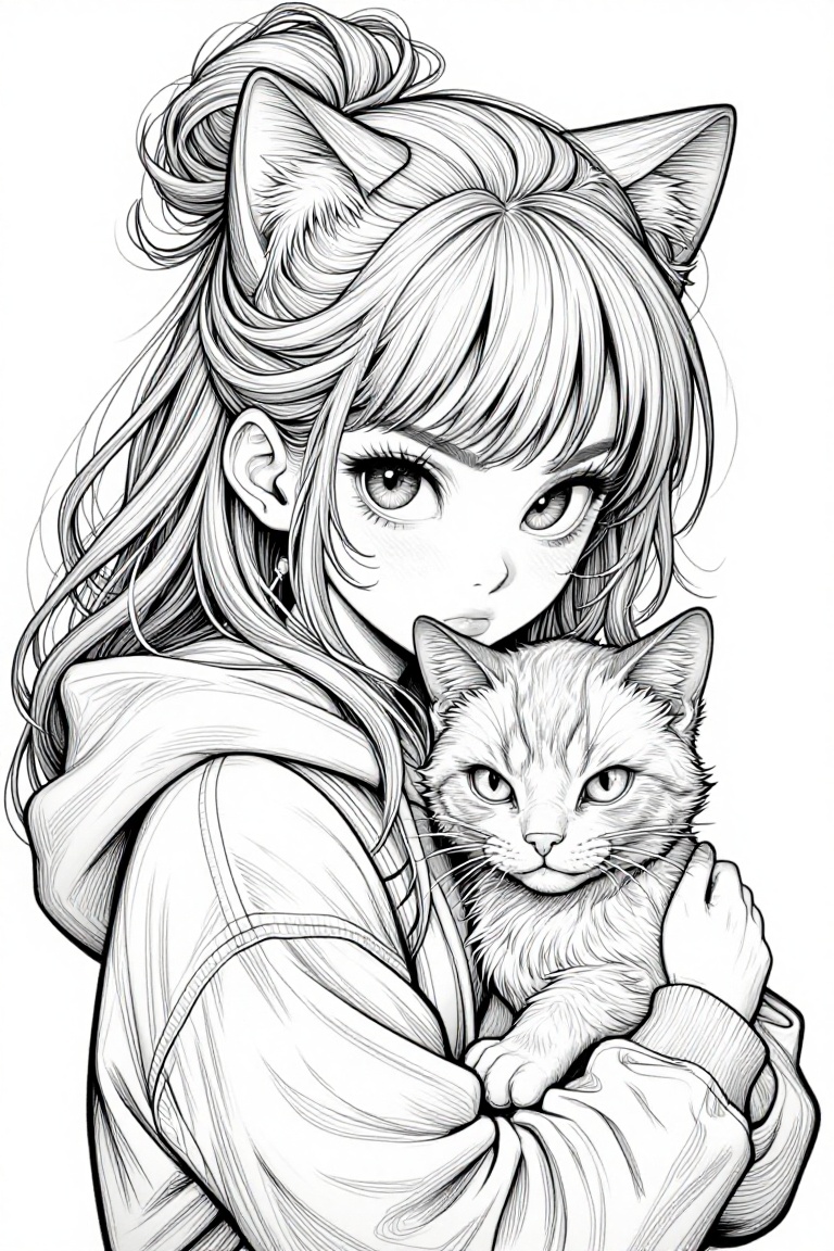 The image depicts a young girl with long,  wavy hair tied up in a messy bun,  adorned with cat ears. She is wearing a hood...