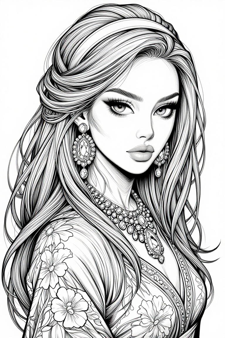 The image depicts a highly detailed,  monochromatic illustration of a woman. She has long,  flowing hair adorned with a he...