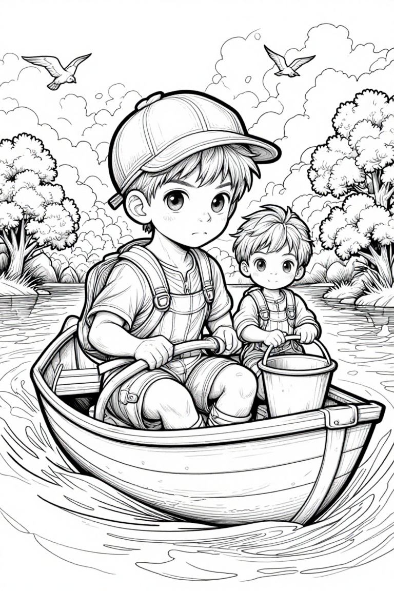 The image depicts a scene of two children on a small boat navigating through a body of water. The child at the front is we...