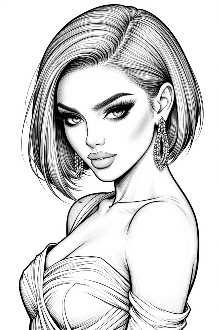 The image depicts a highly detailed,  black-and-white illustration of a woman with short,  straight hair. She is wearing a...