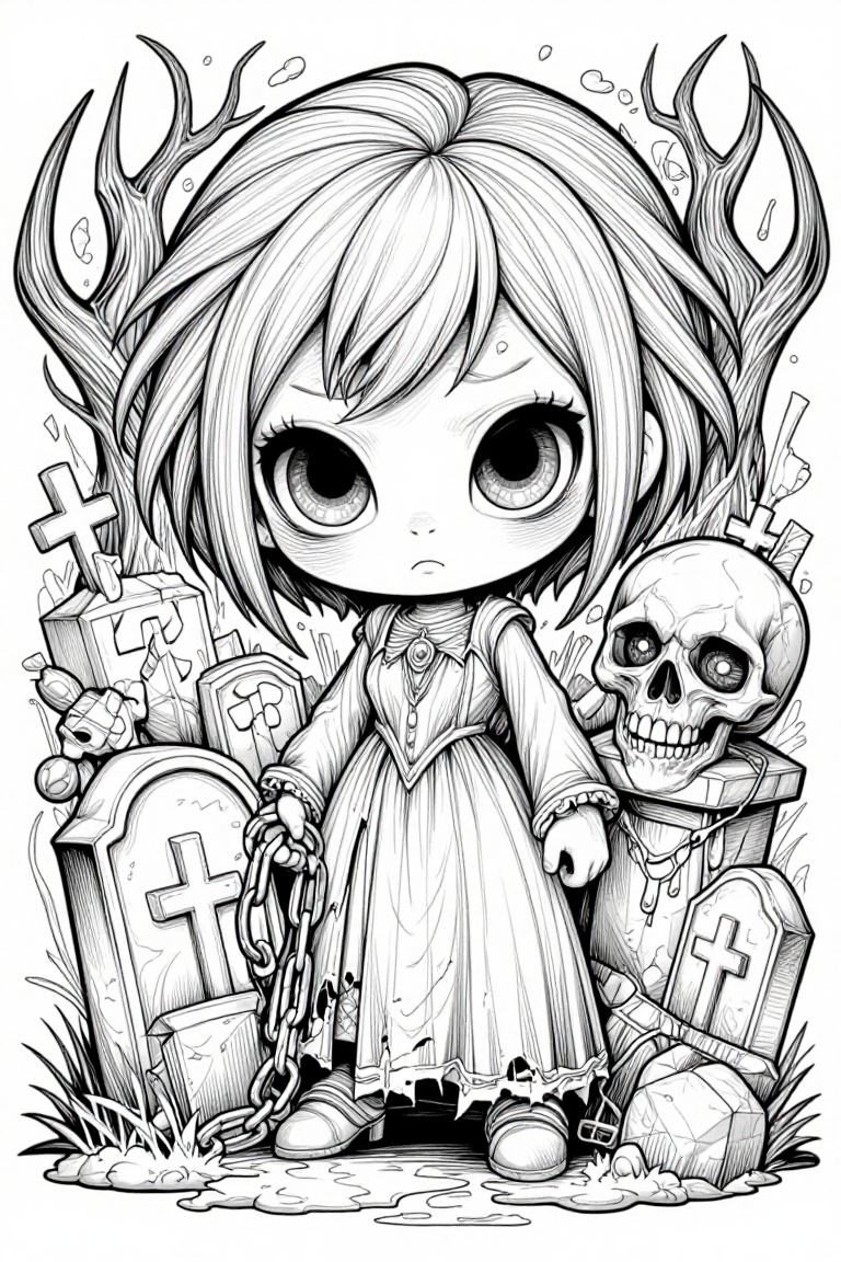 The image depicts a chibi-style character standing in a graveyard setting. The character has a large,  expressive face wit...