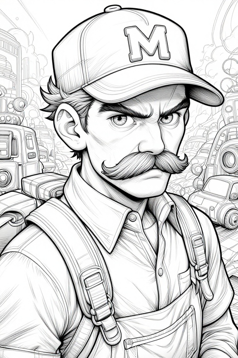 The image depicts a character wearing a cap with a large "M" logo on the front. The character has a prominent mustache and...