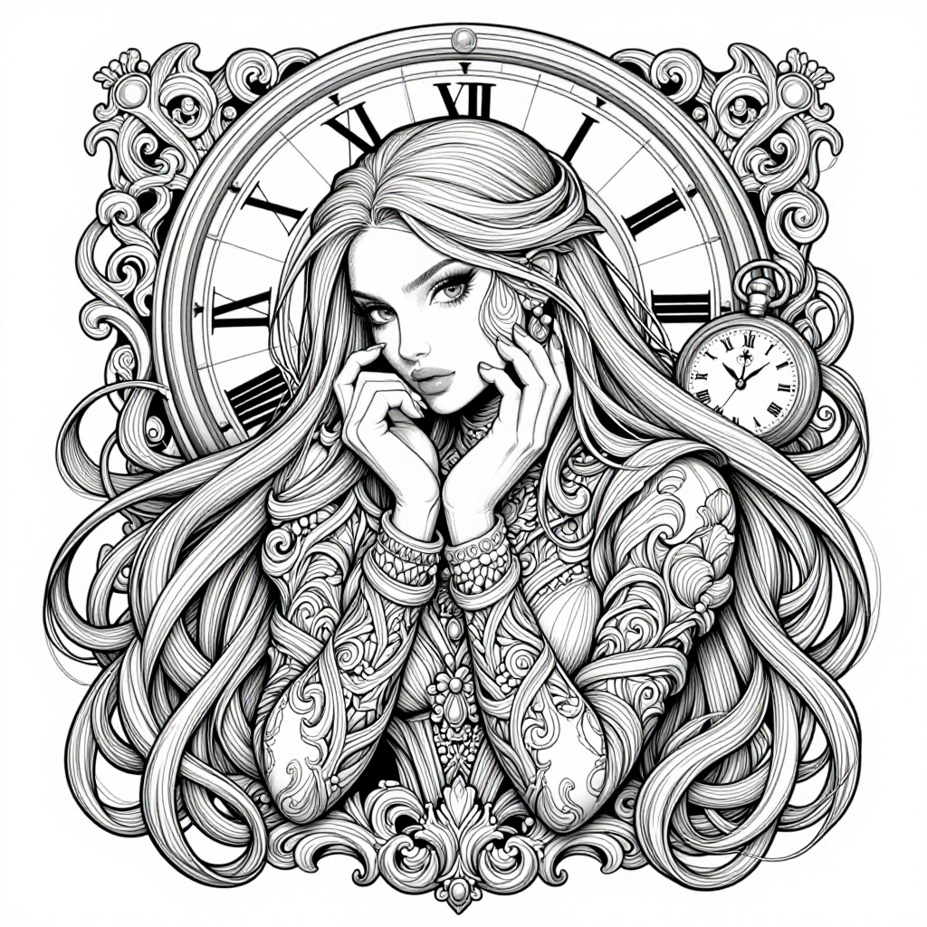 The image is a detailed black-and-white illustration featuring a woman with long,  flowing hair. She is adorned in intrica...