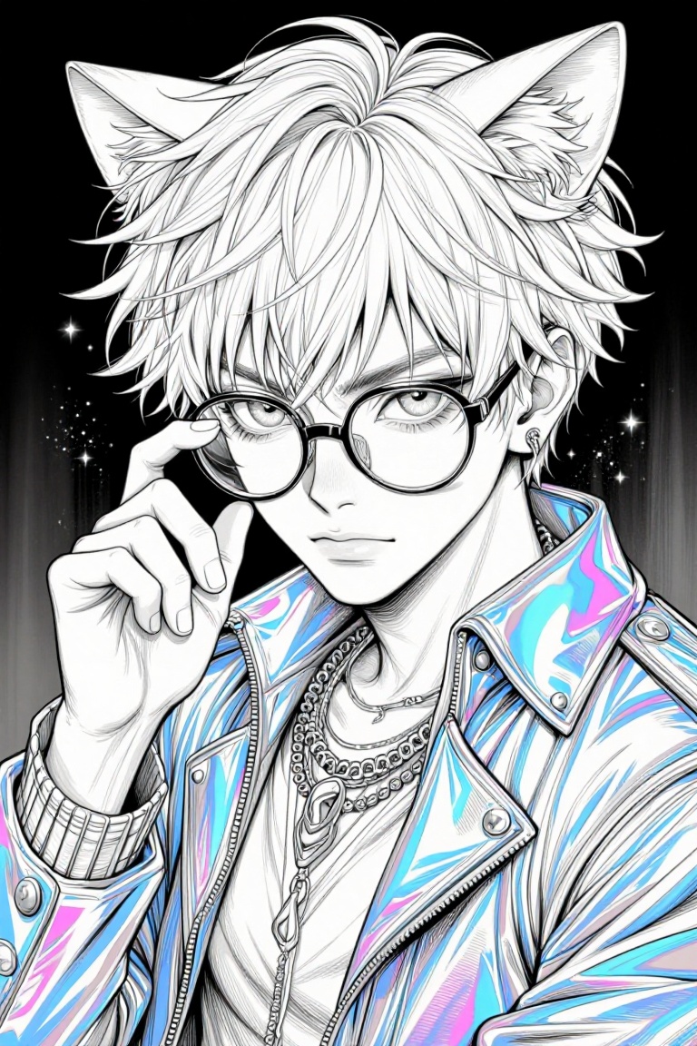The image depicts a character with white,  spiky hair and cat-like ears,  wearing large on Tensor.Art