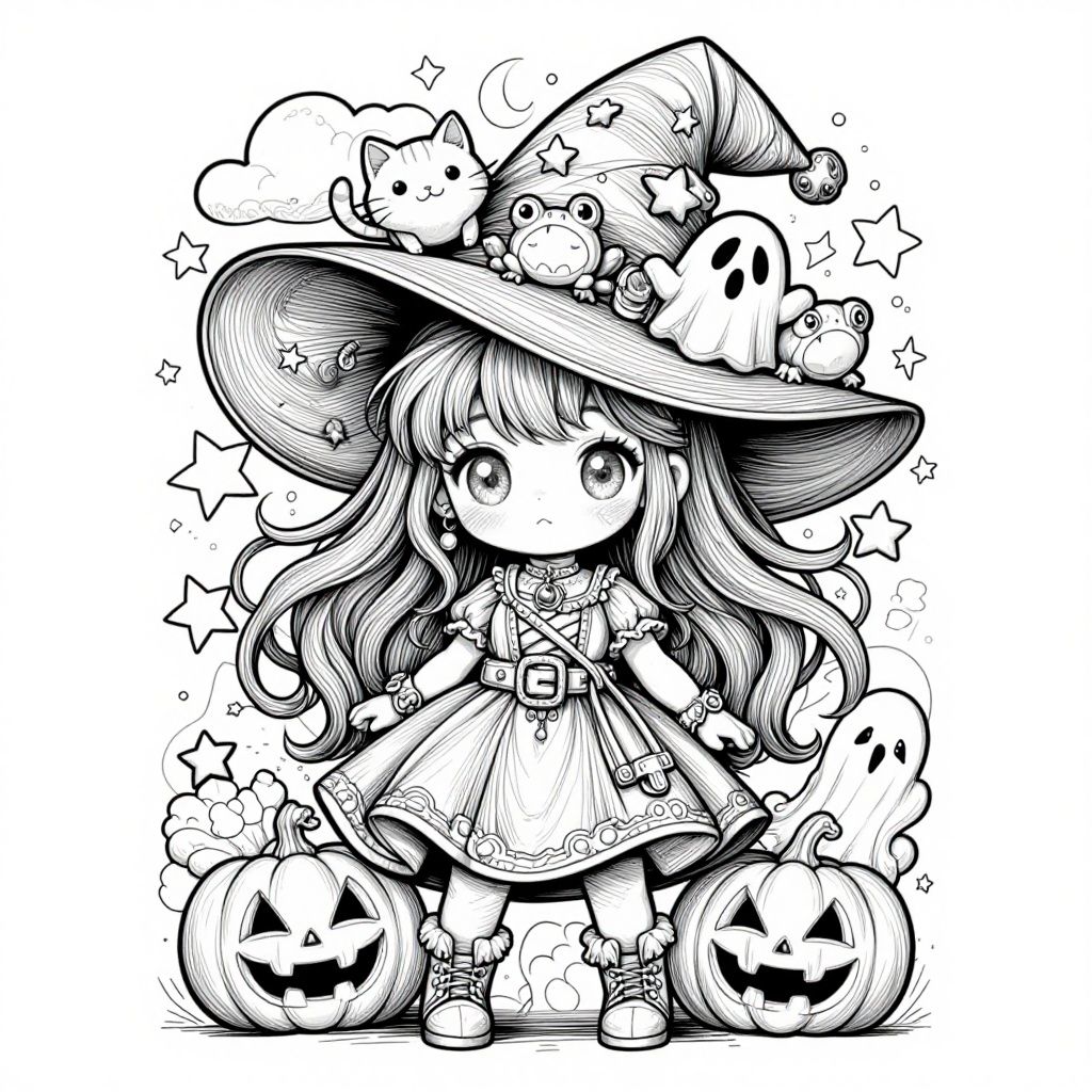 The image depicts a whimsical,  cartoon-style illustration of a young girl dressed as a witch. She is wearing a large,  wi...