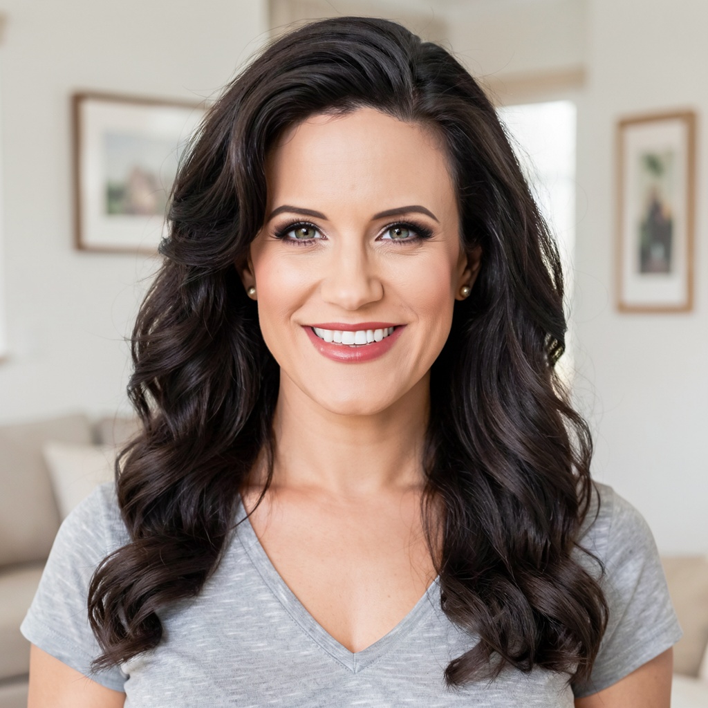 Contemporary personal beauty photograph,  open chest-up composition dominated by expansive brunette curls and a bright smi...