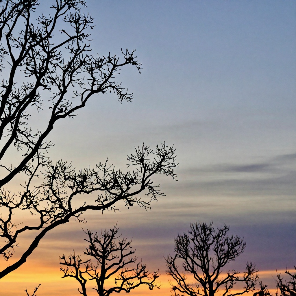 Silhouetted branches of bare trees stretch across a gradient sunset sky,  transitioning from orange to blue and purple hue...