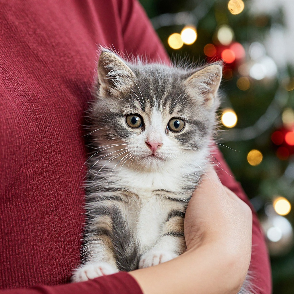 A small gray and white kitten is being cradled in the arms of a person wearing a red top,  with a soft,  twinkling Christm...