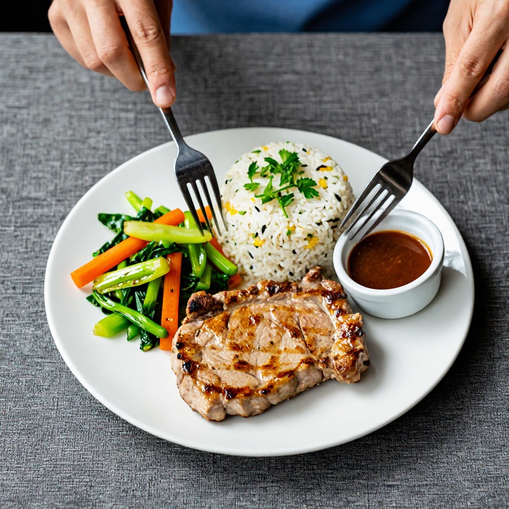 A pair of hands hold utensils over a white plate featuring grilled pork chop,  rice garnished with green herbs,  sautéed v...