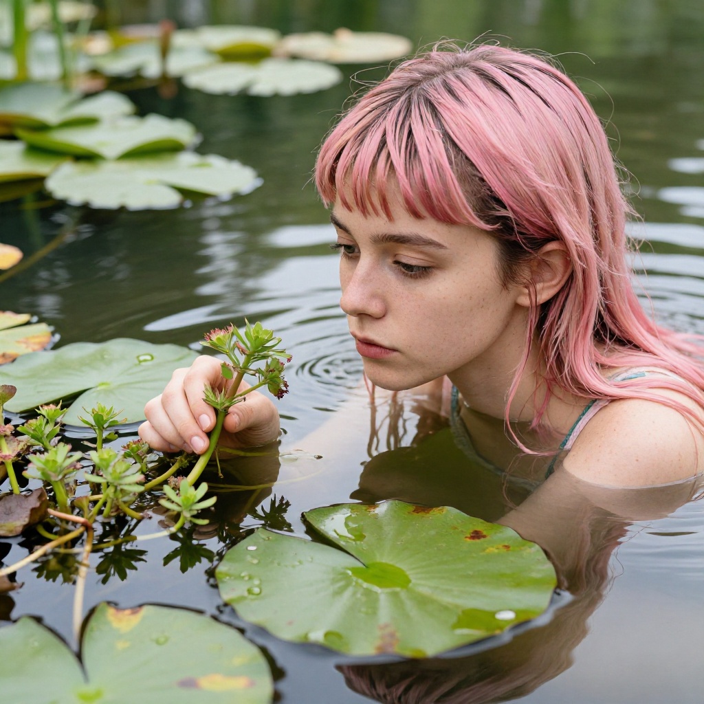 A young woman with pink hair,  partially submerged in water,  gently caresses a water plant while gazing thoughtfully at i...
