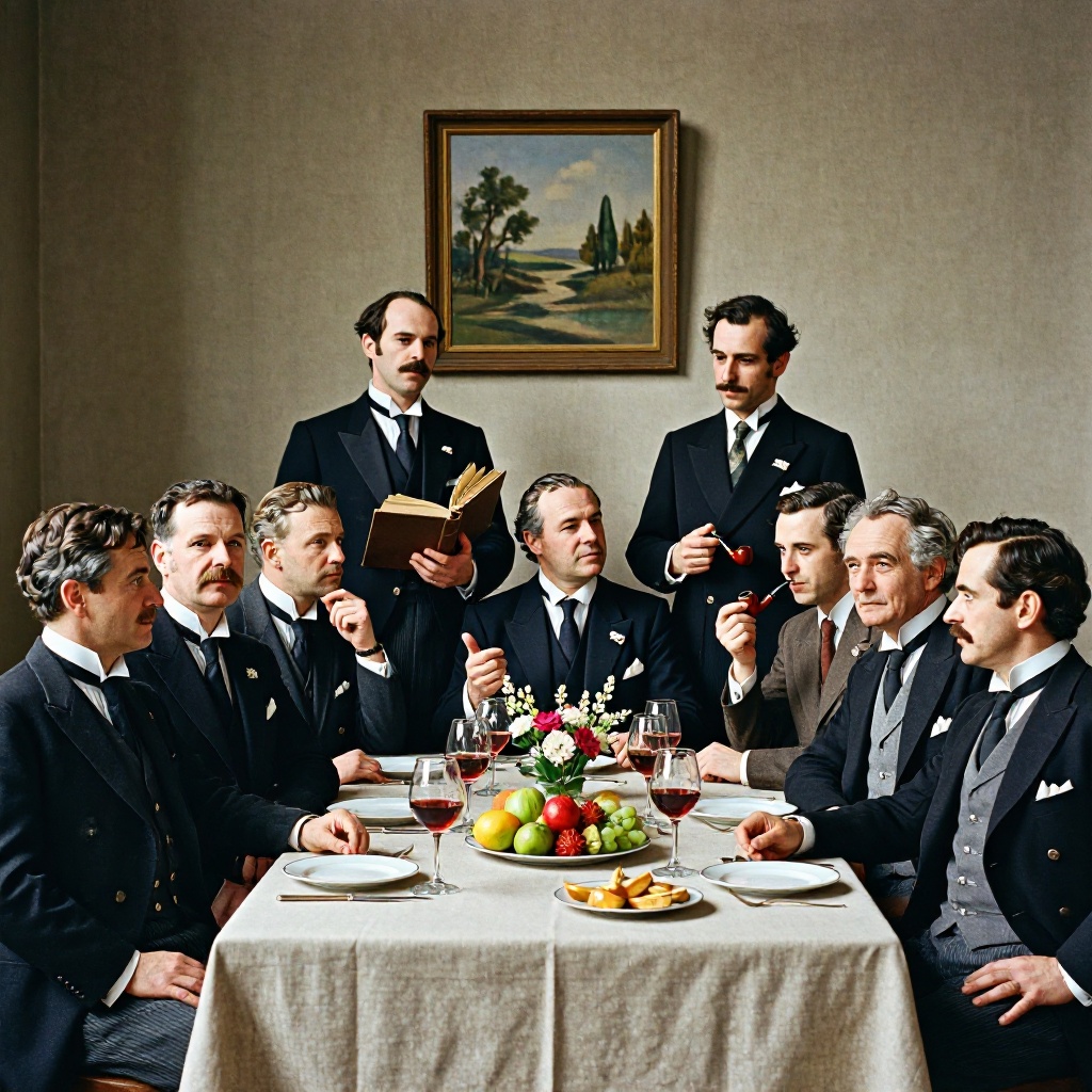 Eight men in formal attire are gathered around a table adorned with a tablecloth,  displaying drinks,  fruit on Tensor.Art