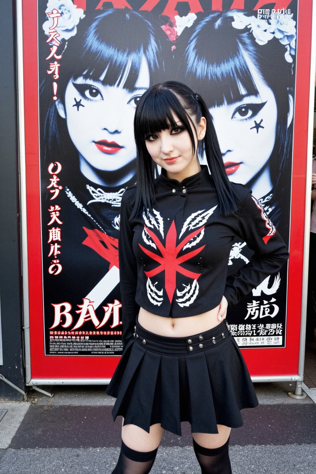 Photograph of an emo woman on a street posing in front of a "babymetal" concert poster,  posing in a kawaii style. on Tens...