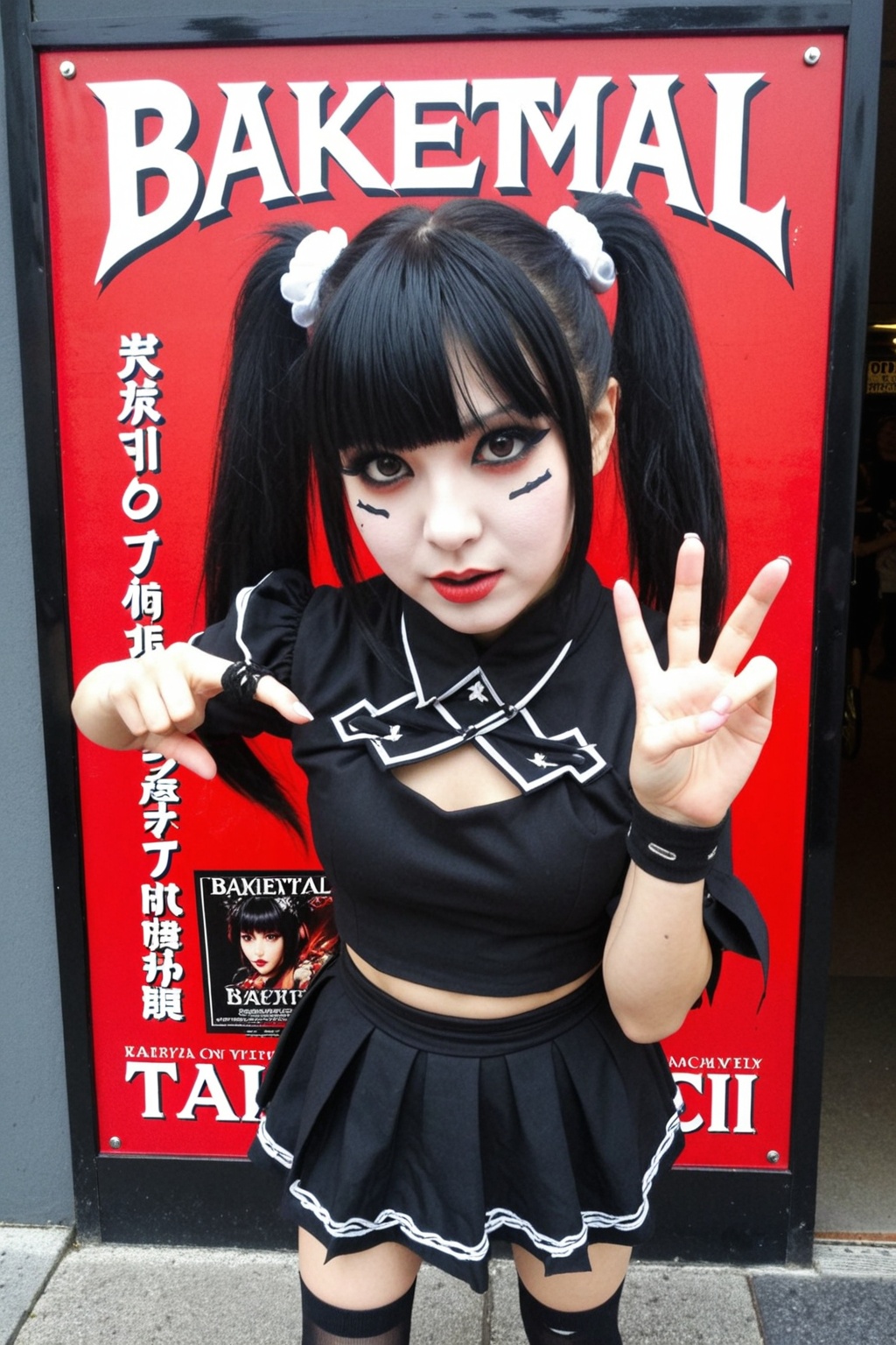 Photograph of an emo woman on a street posing in front of a "babymetal" concert poster,  posing in a kawaii style. on Tens...