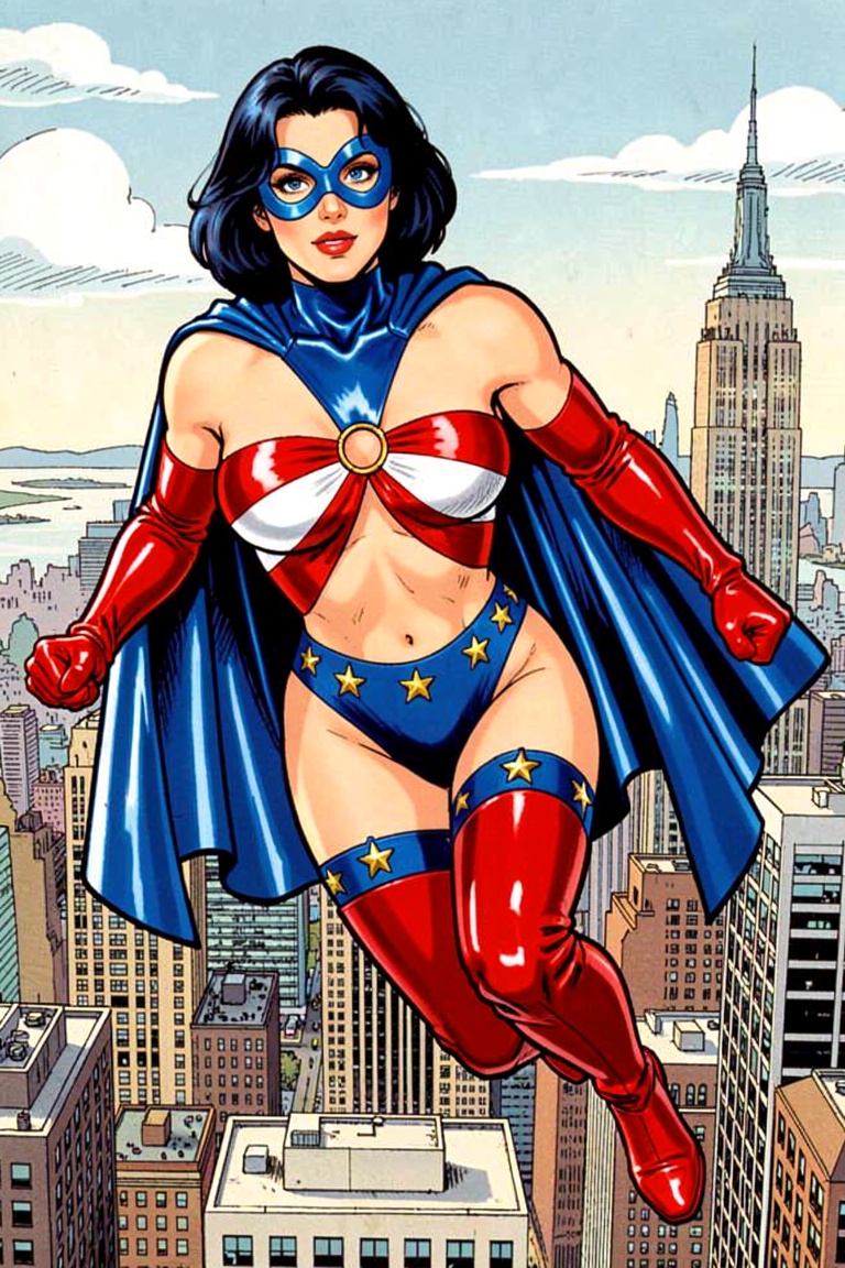 comic drawing of spellbinder superheroine flying over NYC in a superman pose [costume] A blue infinity-shaped mask over ey...