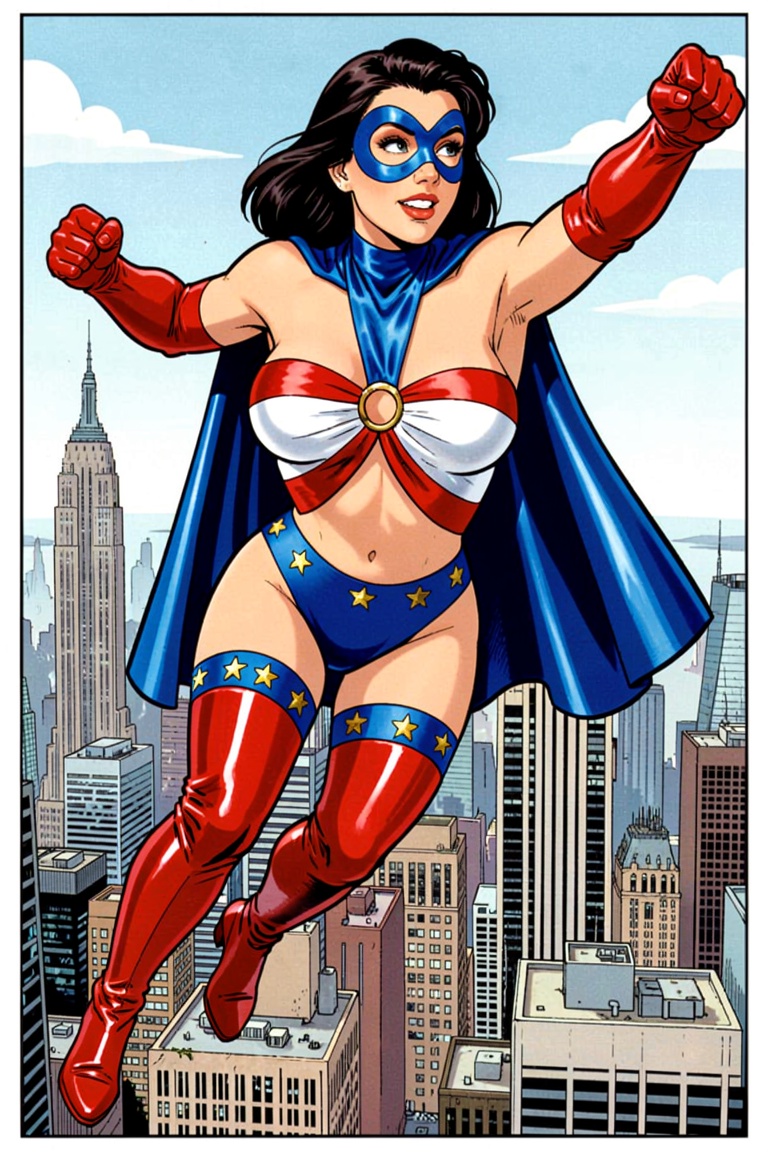 comic drawing of spellbinder superheroine flying over NYC in a superman pose [costume] A blue infinity-shaped mask over ey...