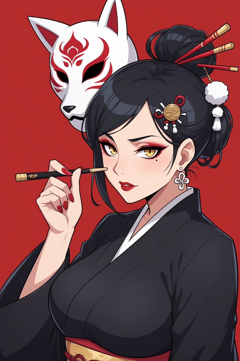 2d_cartoon,  a beautiful girl with long black hair in a single bun adorned with hair sticks and hairpin,  wearing a black...