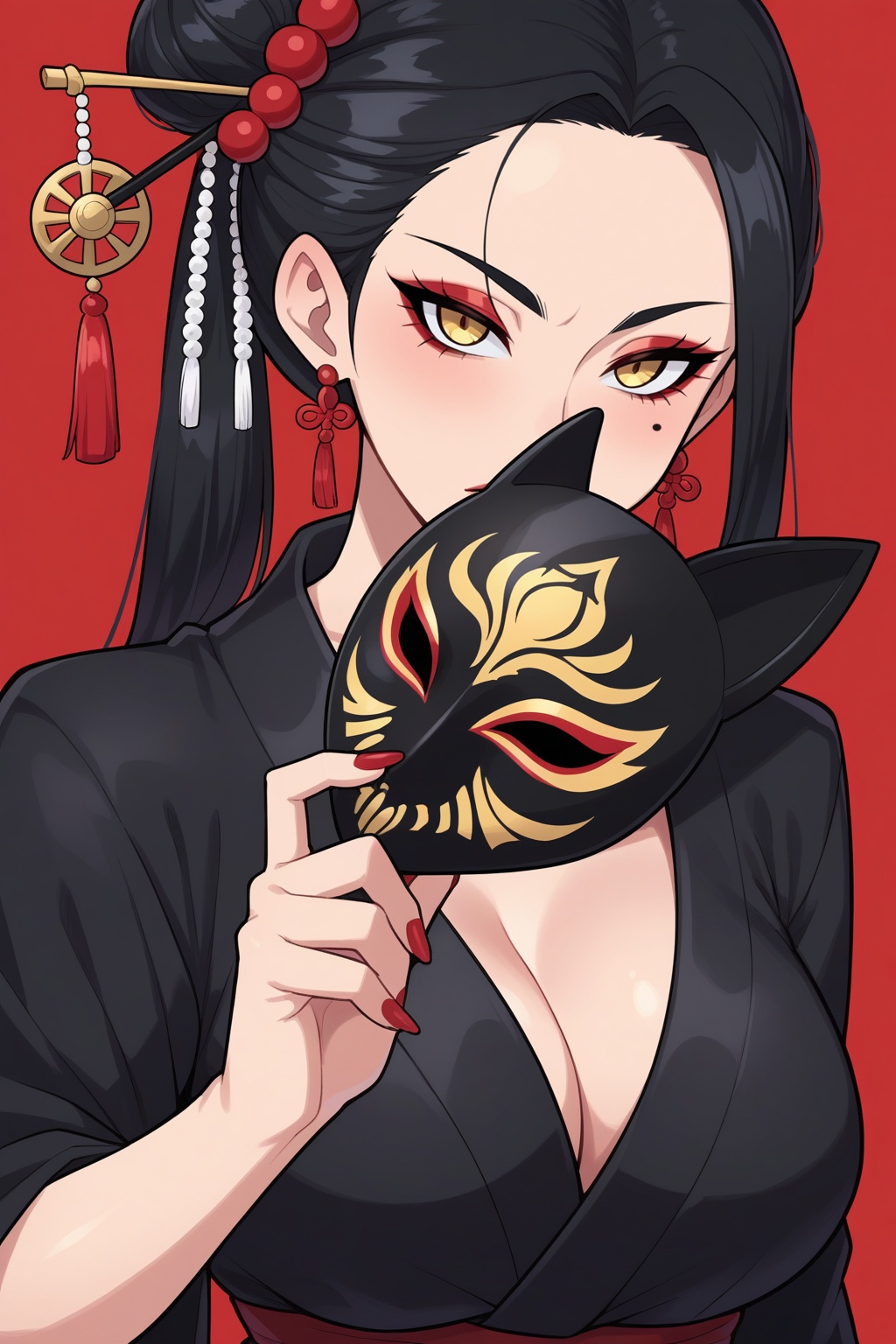 2d_cartoon,  a beautiful girl with long black hair in a single bun adorned with hair sticks and hairpin,  wearing a black...