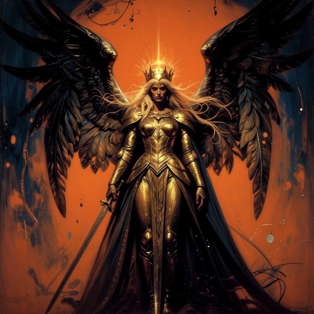 The image depicts a highly detailed and stylized character standing against a vibrant orange background. The character is...