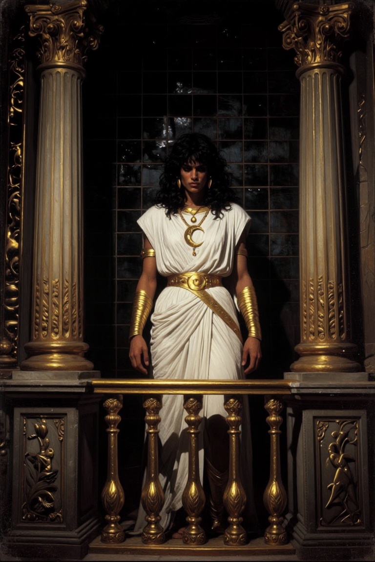 The image depicts a person standing in a classical architectural setting,  framed by ornate columns and a golden railing....