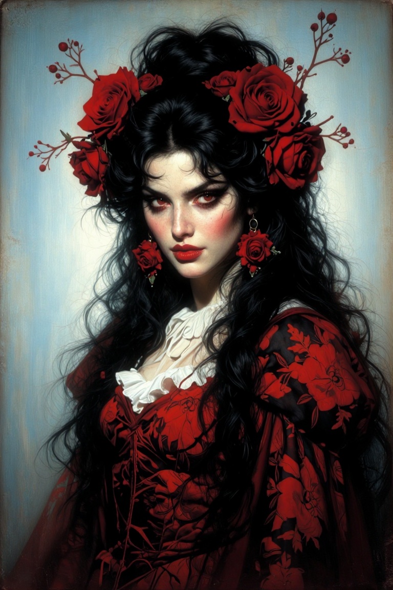 The image depicts a highly stylized and artistic portrait of a woman. She is adorned with intricate red and black attire f...