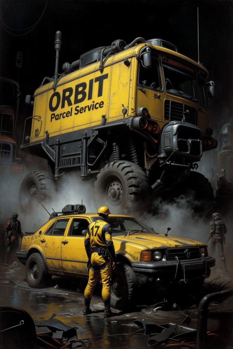 The image depicts a misty,  industrial scene with a large,  yellow and black vehicle labeled "ORBIT Parcel Service" in the...