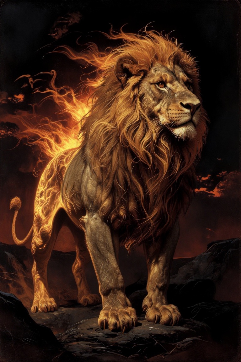 The image depicts a majestic lion standing on a rocky terrain,  with its body and mane intricately designed to resemble fl...