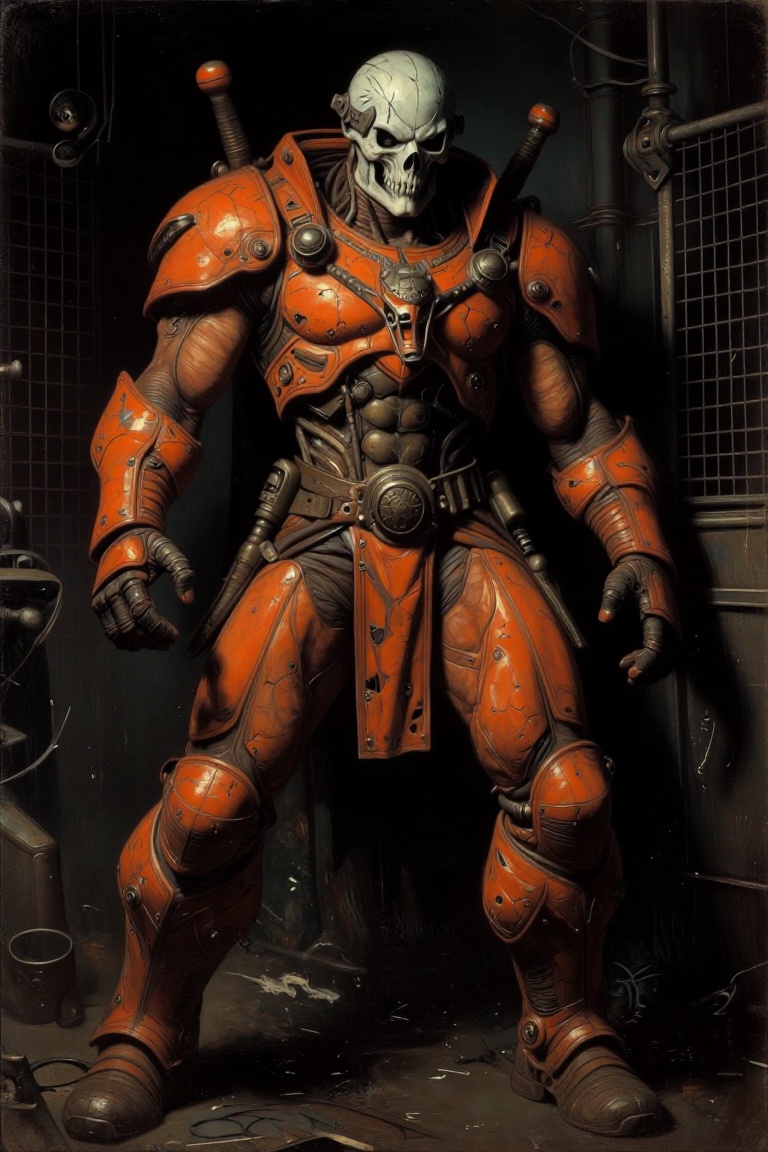 The image depicts a large,  muscular figure standing in a dimly lit industrial setting. The character is wearing bulky,  o...