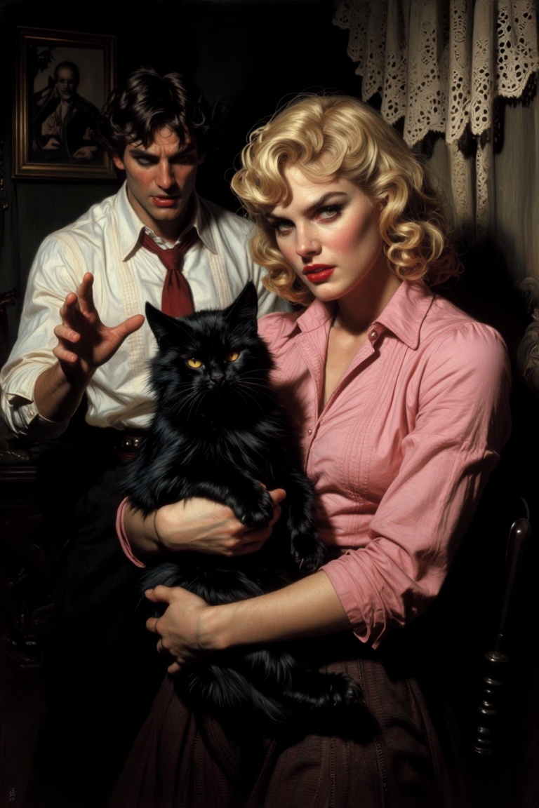 The image depicts a scene with a woman holding a black cat. She is dressed in a pink blouse and has blonde hair styled in...