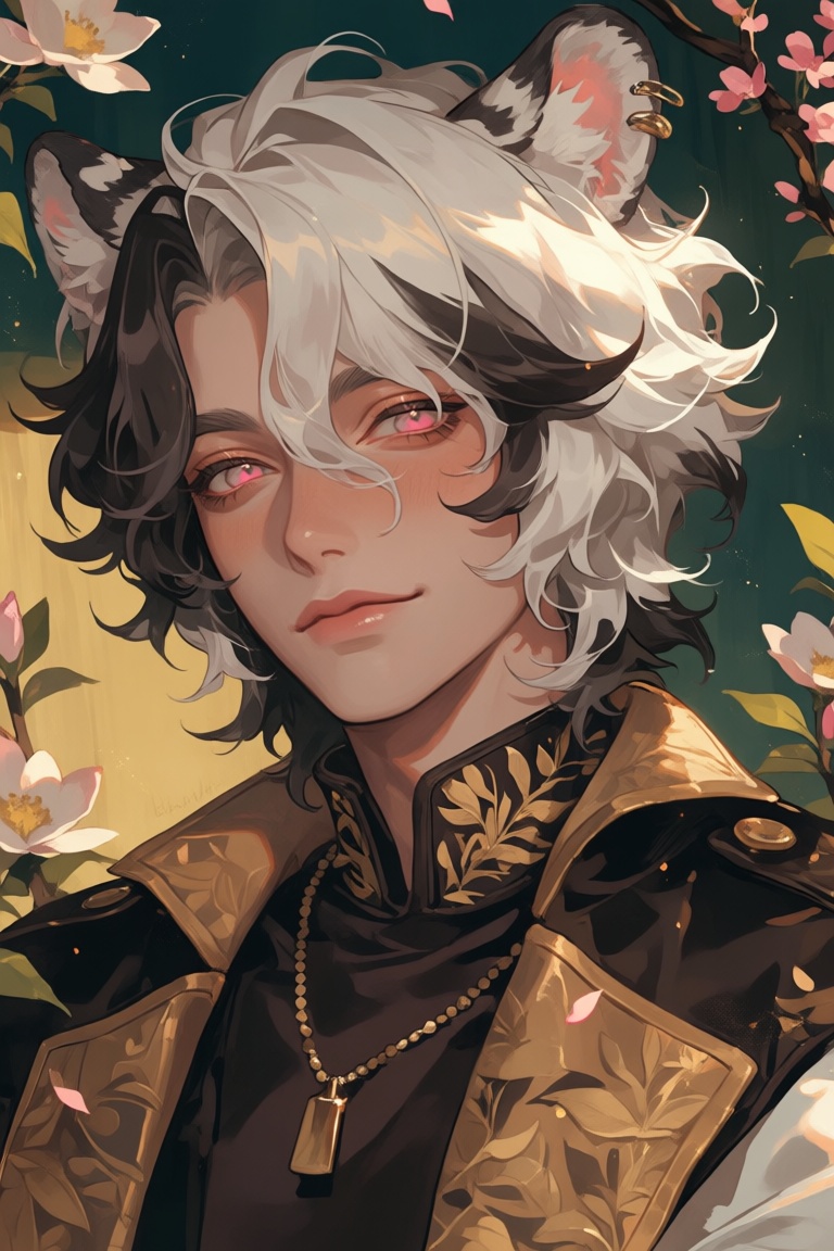 male,  white_tiger_ears,  fluffy_black_and_white_hair on Tensor.Art