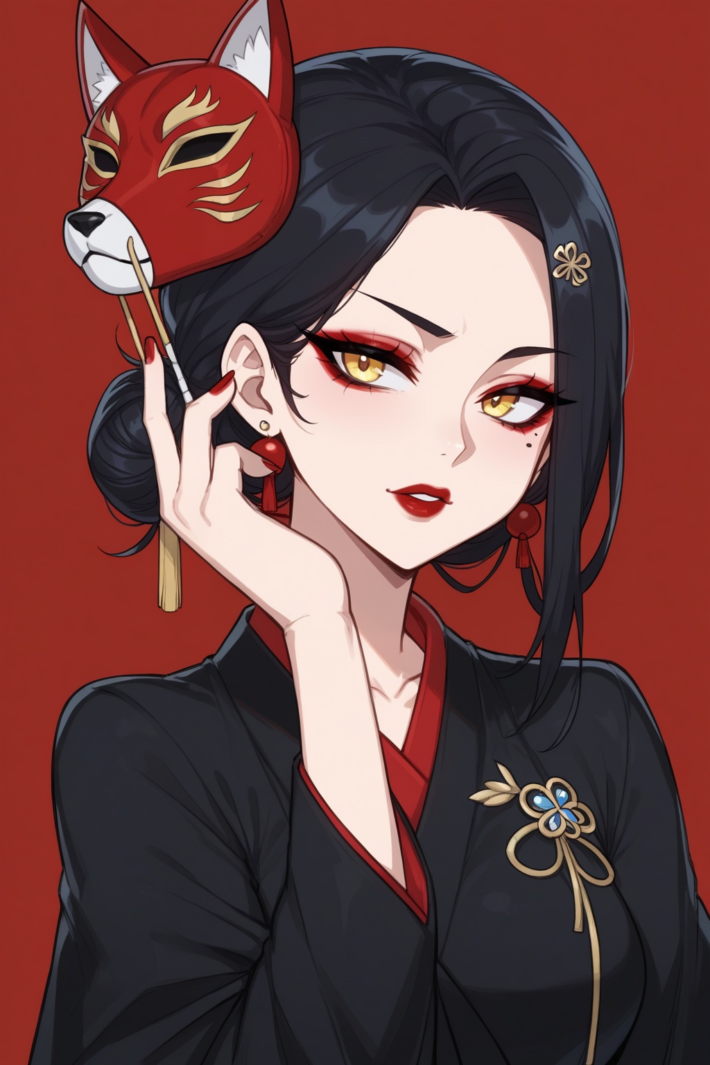 Vv.LXVIII - Wolfsbane,  2d_cartoon,  a beautiful girl with long black hair in a single bun adorned with hair sticks and ha...