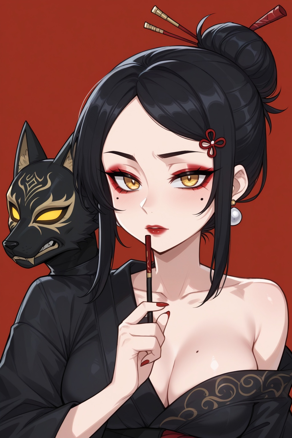 Vv.LXVIII - Wolfsbane,  2d_cartoon,  a beautiful girl with long black hair in a single bun adorned with hair sticks and ha...
