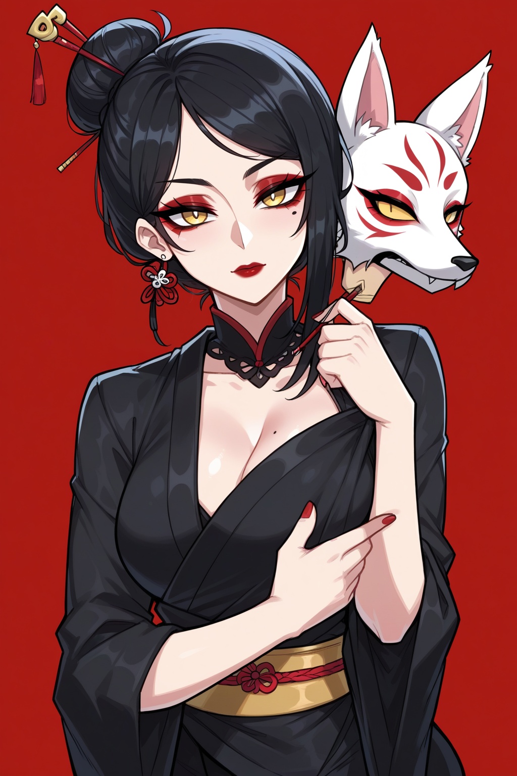 Vv.LXVIII - Wolfsbane,  2d_cartoon,  a beautiful girl with long black hair in a single bun adorned with hair sticks and ha...