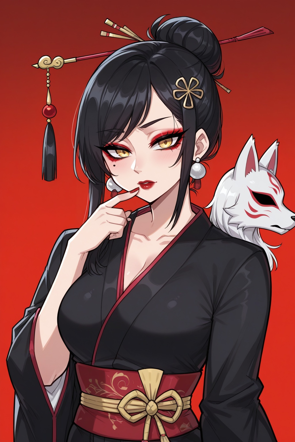 Vv.LXVIII - Wolfsbane,  2d_cartoon,  a beautiful girl with long black hair in a single bun adorned with hair sticks and ha...