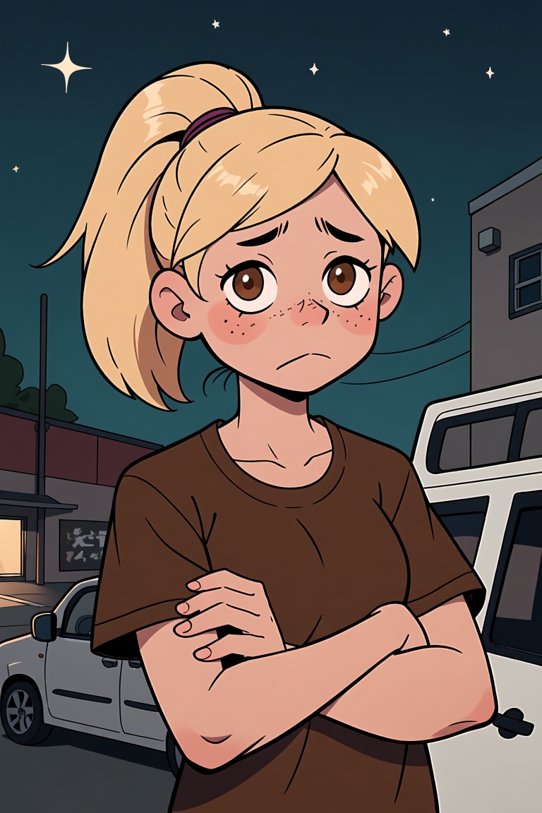 a 20 years old girl with brown shiny eyes,  blonde hair in a ponytail,  deeply sad expression on Tensor.Art
