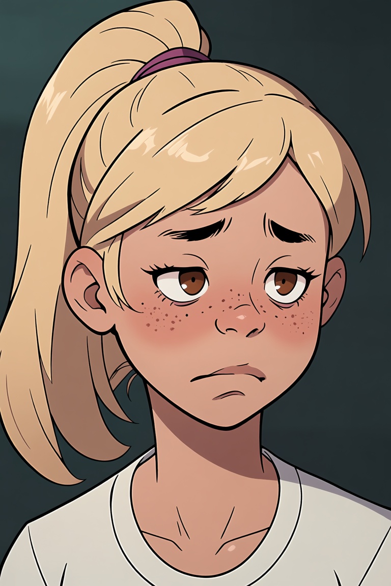 Rtoon,  photo of a 20 years old girl with brown shiny eyes,  blonde hair in a ponytail on Tensor.Art