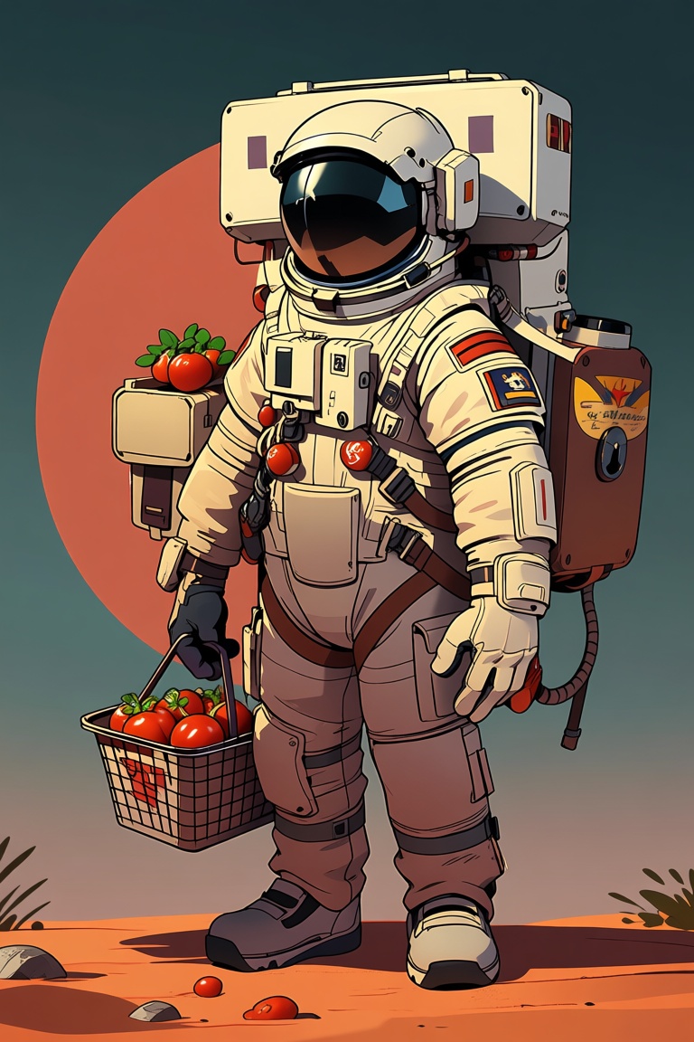 Rtoon,  astronaut with a delivery man's bag on his back and a basket of tomatoes in his hand,  mars background on Tensor.Art