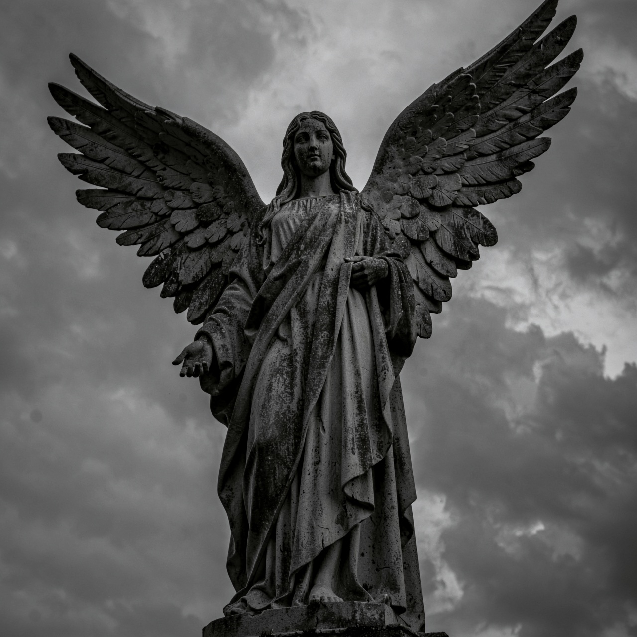 HFMAXDARK,  A weathered stone statue of an angel is captured from a dramatic low-angle perspective against a dark,  overca...