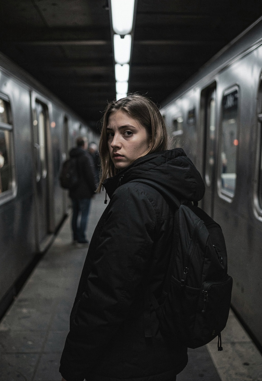 HFMAXDARK,  cinematic medium shot of a young woman with light brown hair,  looking back over her shoulder directly at the...