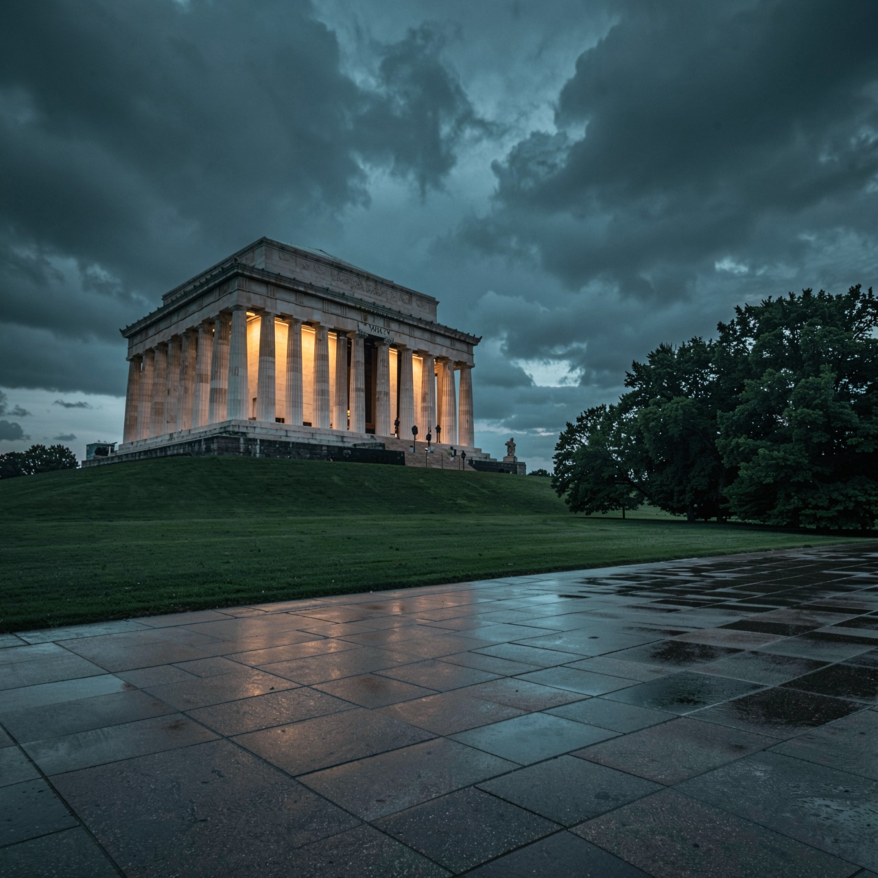 HFMAXDARK,  The Lincoln Memorial sits prominently atop a dark green grassy slope,  its neoclassical structure composed of...