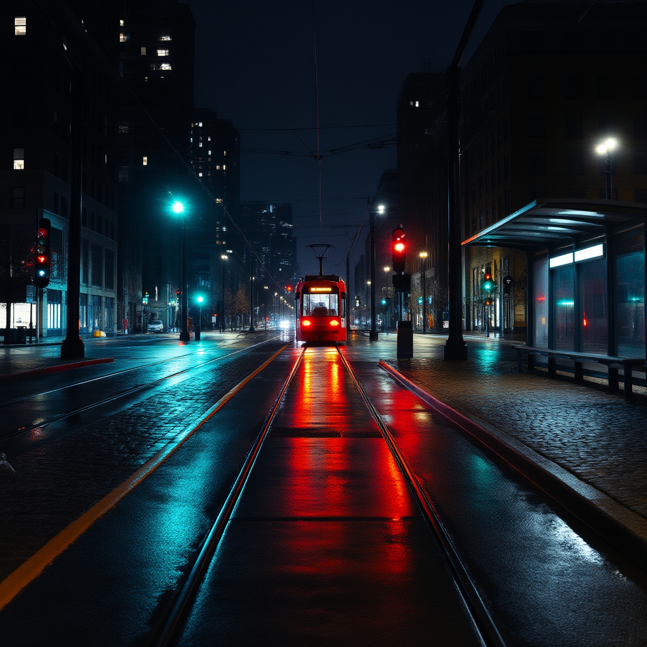 A high-contrast nighttime scene captures a red streetcar positioned centrally on glistening,  wet tracks stretching into t...