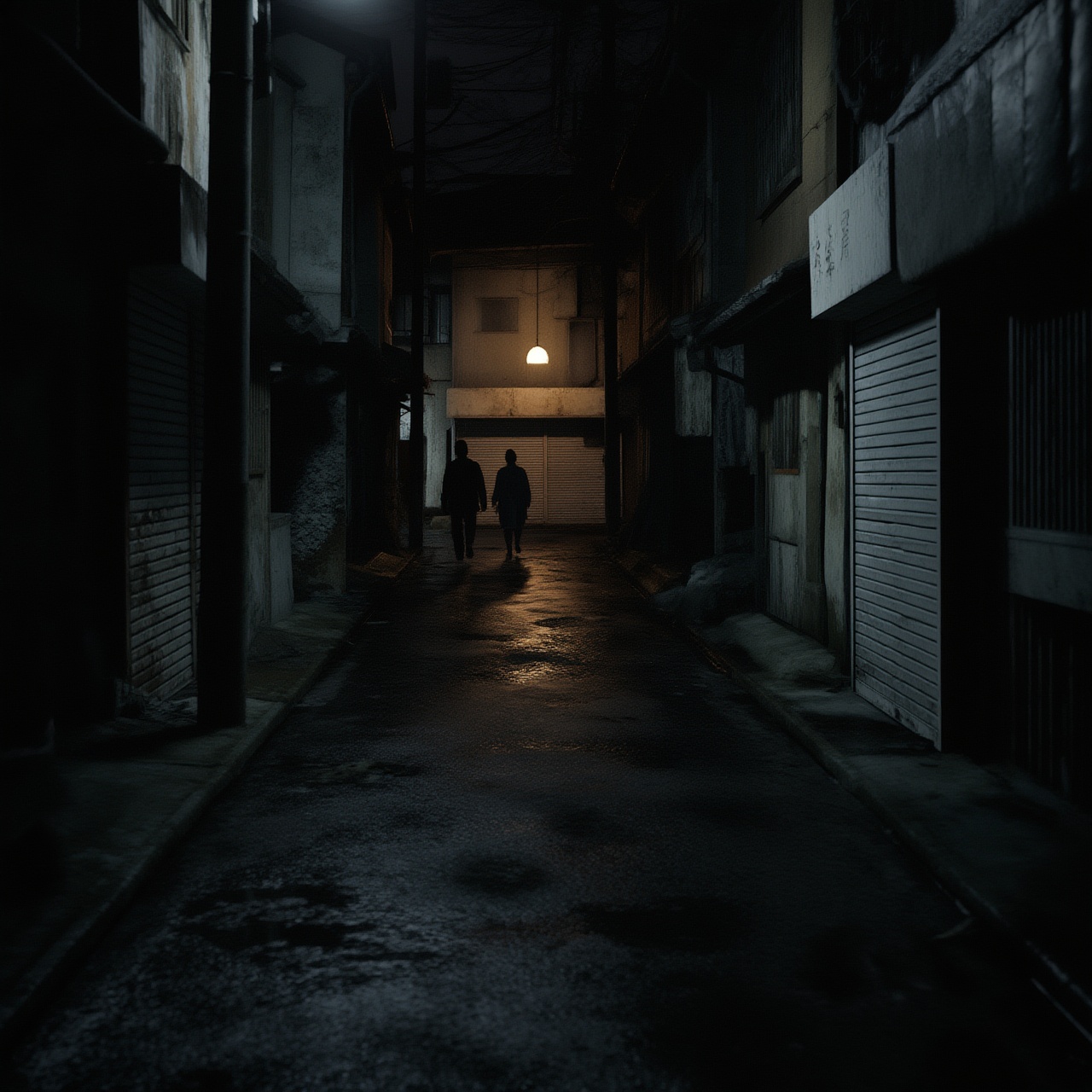 An ultra-realistic,  cinematic movie still of two people walking away into the darkness of an abandoned,  narrow Japanese...