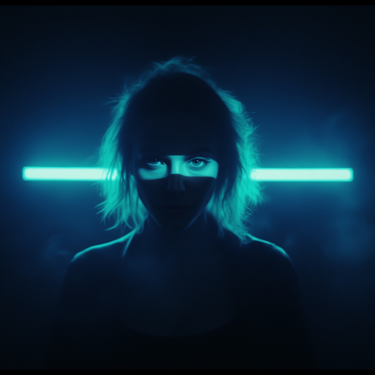 A moody sci-fi cinema movie still of a mysterious woman in a dark room. The scene is in near-total darkness except for a b...